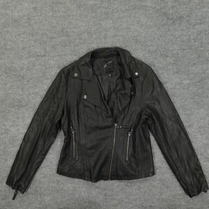Max Studio Jacket Womens Large Black Faux Leather Moto Biker Zip Pockets Lined